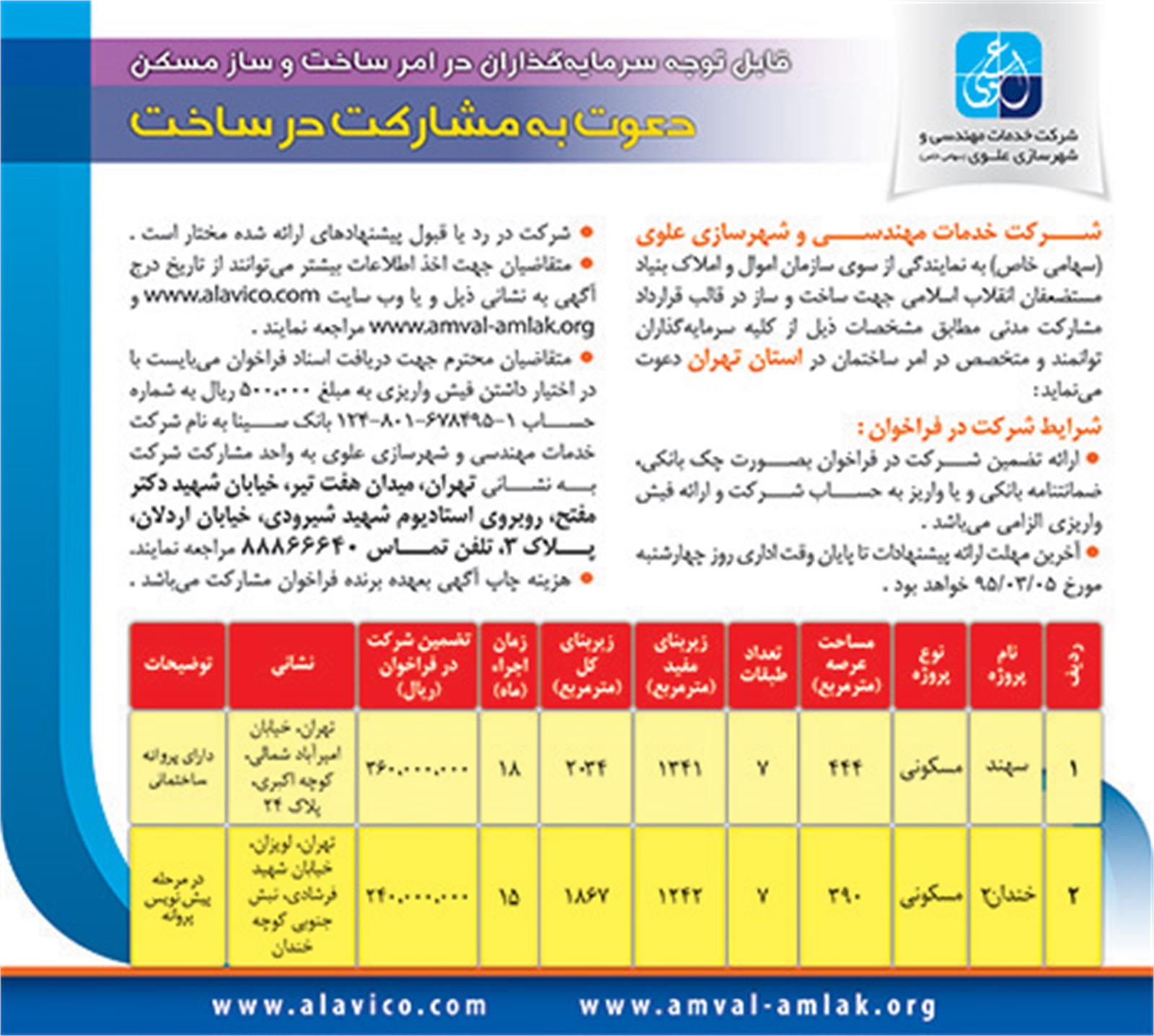 فراخوان دعوت به مشارکت در ساخت در استان تهران