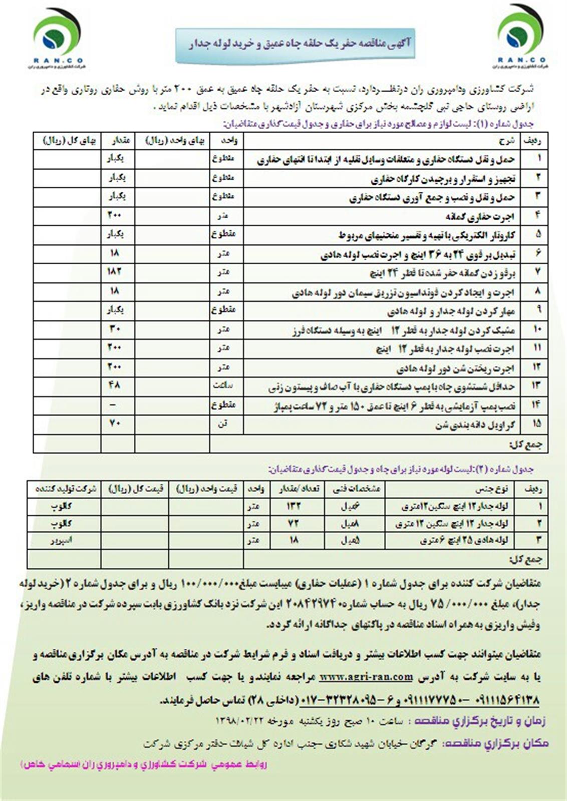 آگهی مناقصه حفر چاه عمیق شرکت ران